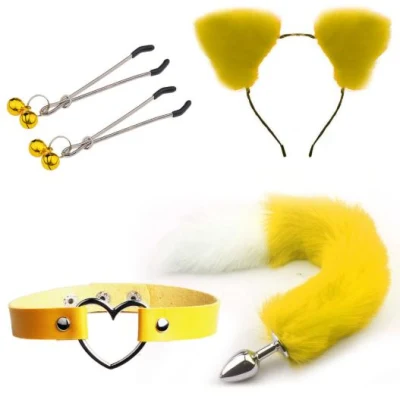 Volpe gialla e bianca Cosplay 3 pezzi Set fermaglio per capelli peloso coda anale plug volpe tailand collare girocollo travestimento costume di Halloween cosplay