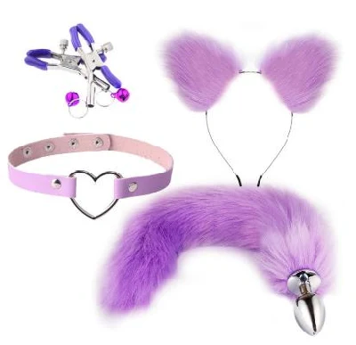 Purple Fox Cosplay 3 pezzi Set fermaglio per capelli peloso coda anale plug Fox Tailand collare girocollo travestimento costume di Halloween Cosplay